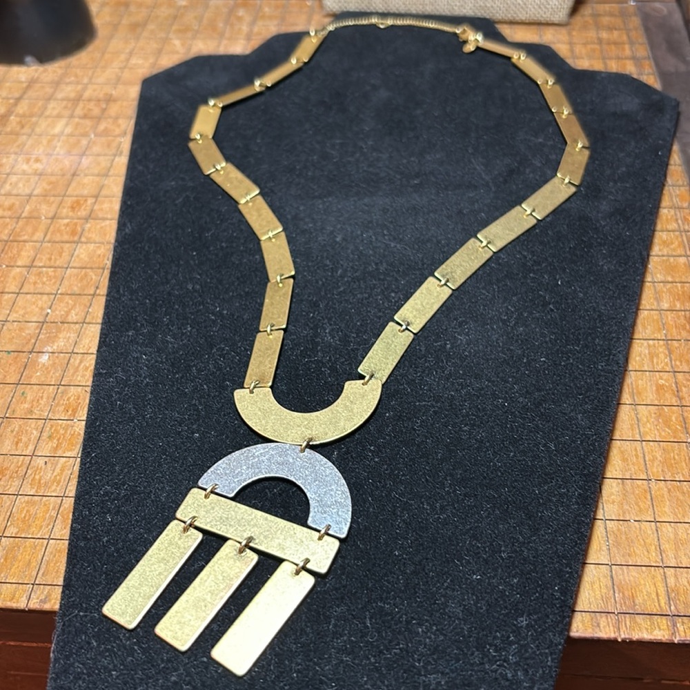 Gold Tone Metal Geometric Link Necklace 21.5”L Earthy Tribal Boho EVC Signed M
